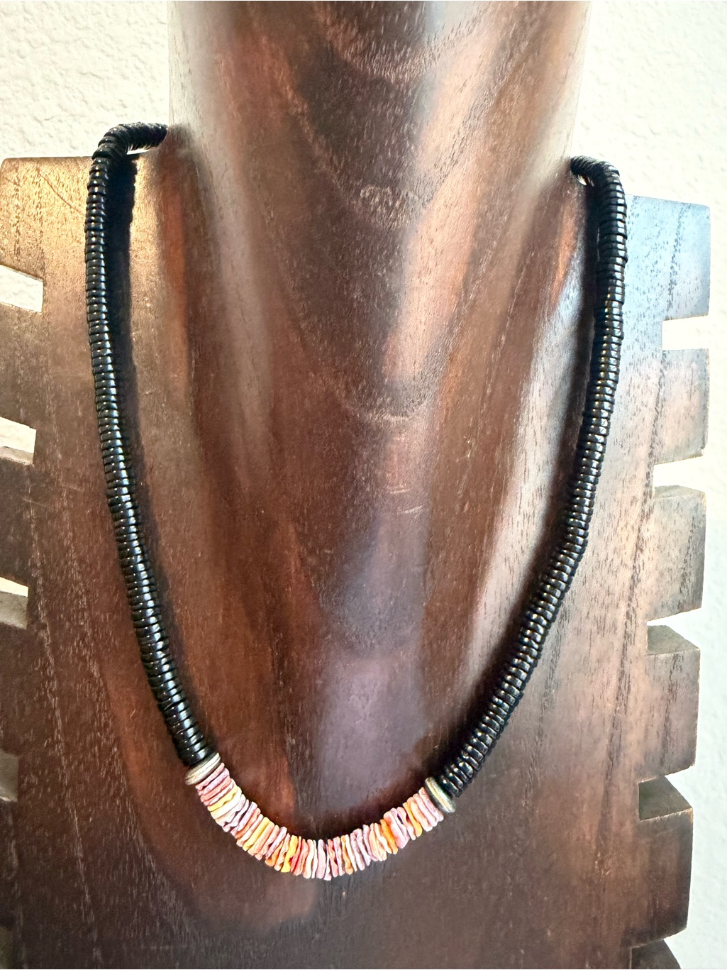 Sterling Silver Black Onyx Shell Bead Necklace 18 Inch